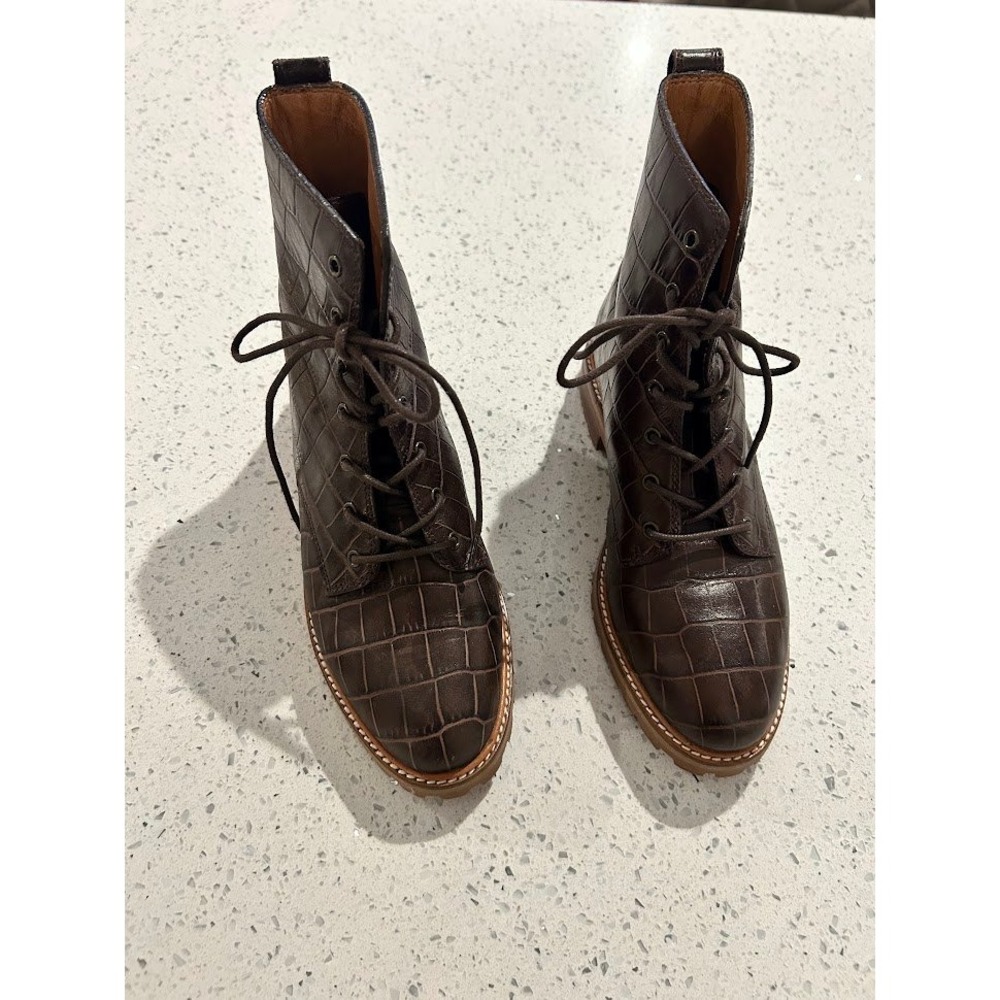 Madewell The Clair Lace-Up Boots Croc‎ Emboss Leather Women's Brown Ankle Size 6 - Picture 3 of 11